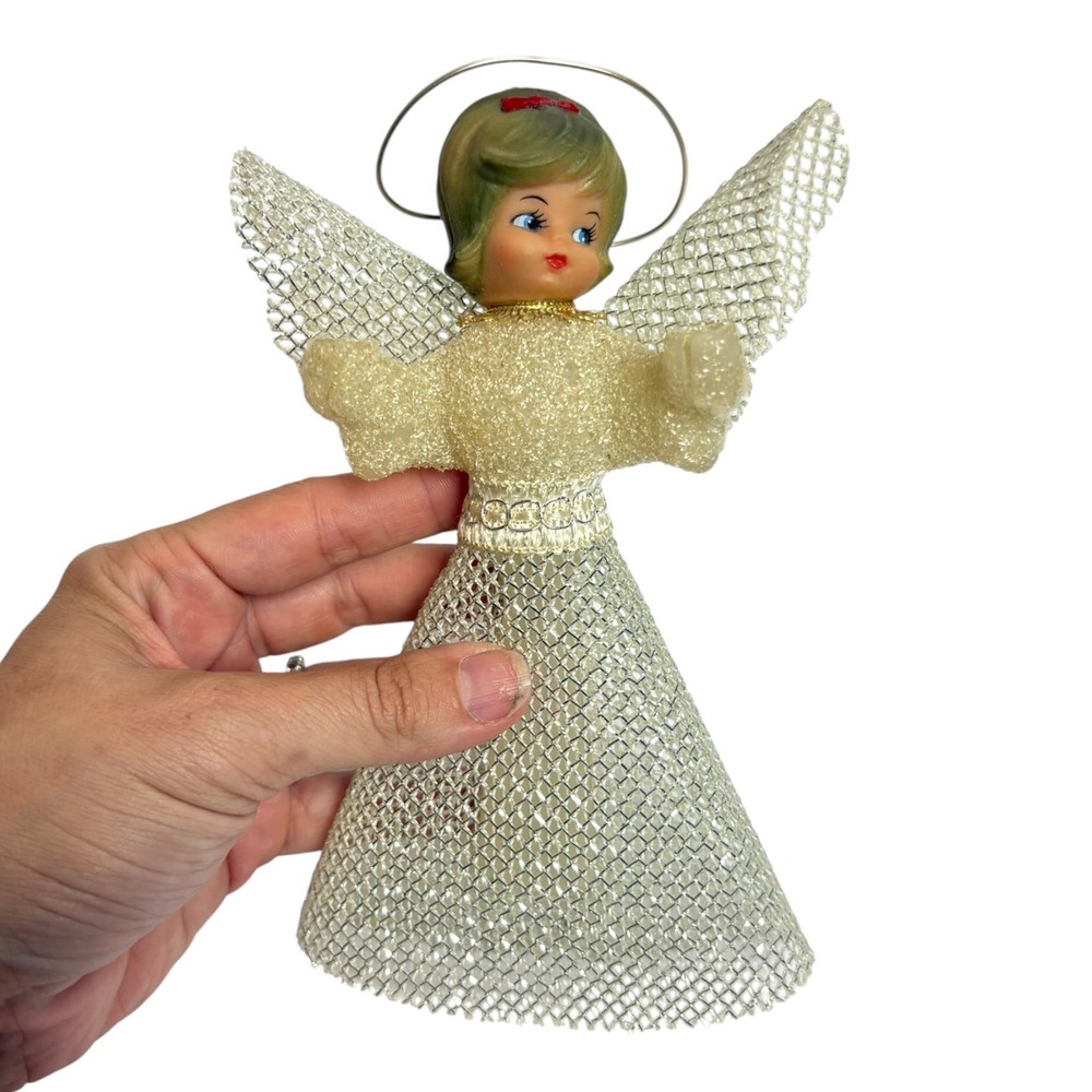 Vintage 50s 60s (?) Mesh Angel Christmas Tree Topper Holiday Decor Mid Century